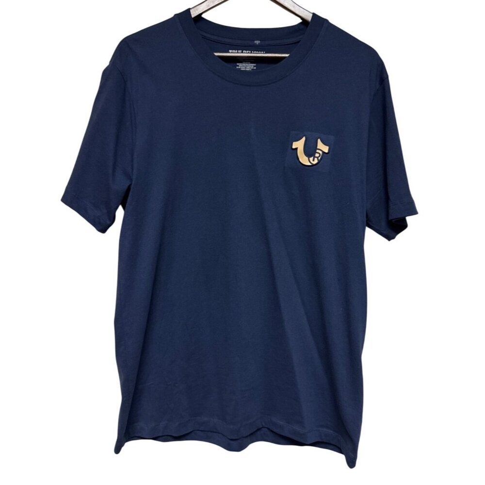 True Religion Men's Shirt T-Shirt 3D Embossed Logo Spell Out Blue Large Cotton